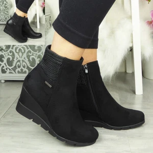 Ladies Ankle Boots Women Sock Detail Faux Suede Mid Heel Zip Wedge Shoes Size - Picture 1 of 17