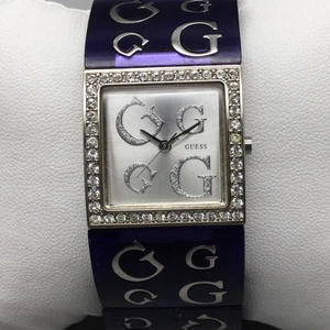 Guess Damenuhr 26 mm silberfarben lila Kristalle quadratisches Zifferblatt neue Batterie 7 Zoll - Bild 1 von 14