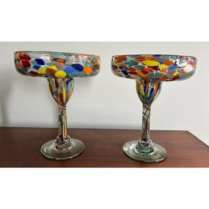 Set of 2 Hand Blown Mexican Rainbow Confetti Margarita Coupe Glasses - Picture 1 of 6