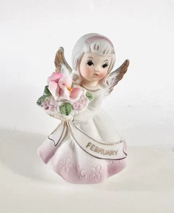 Vintage Norcrest Japan Porcelain “February” Birthday ANGEL Figurine Pink Flower - Picture 1 of 8