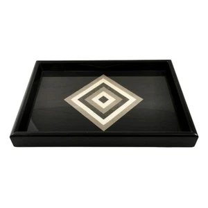 Vassoio Artigianale in Legno Nero Intarsiato a Mano, elegante, Rombo 34x24cm - Imagen 1 de 3