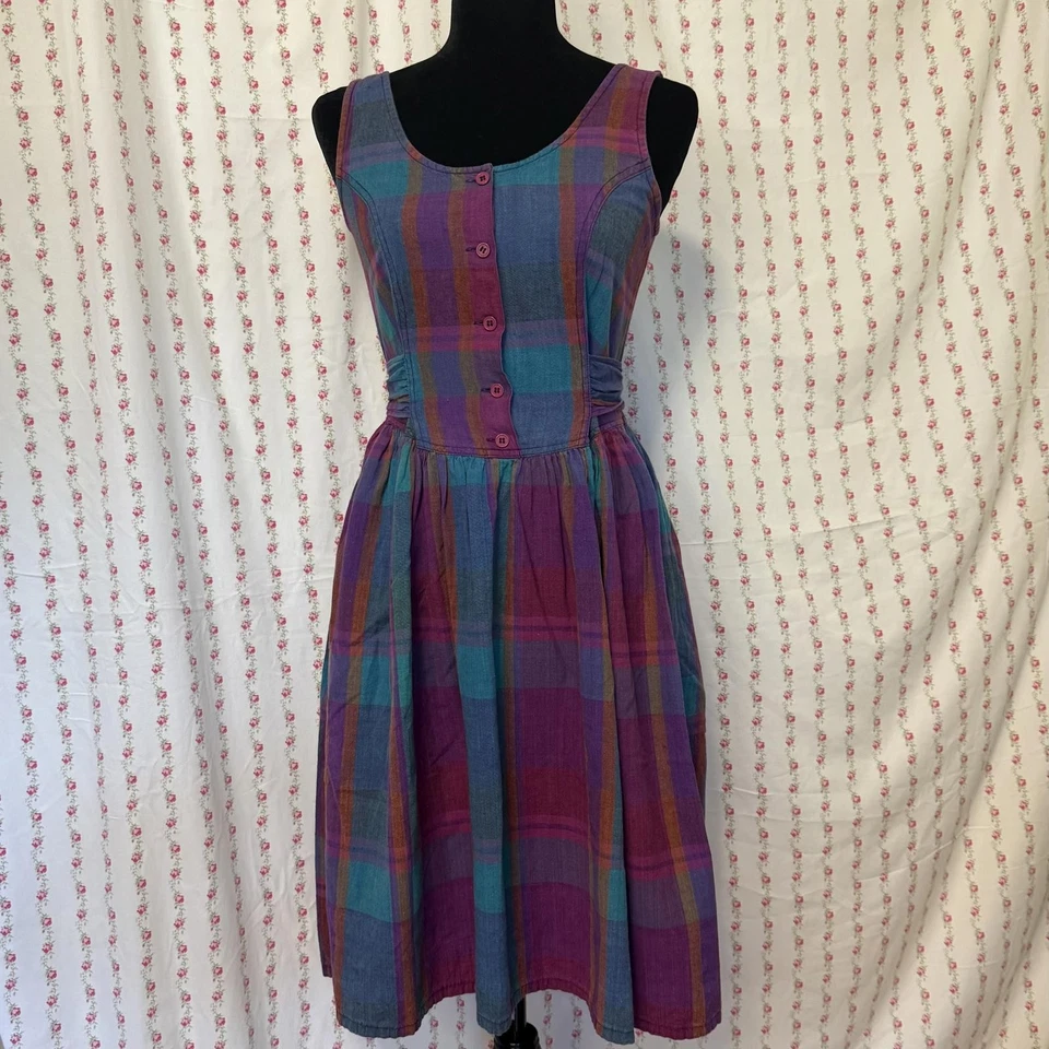 Vintage 80s does 50s Rainbow Plaid Fit and Flare Dress size M - Image 1 of 4