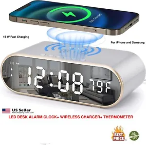 Modern 3 in 1 Digital HD LED-Desk-Alarm-Clock-Thermometer-Qi-Wireless-Charger - Picture 1 of 12