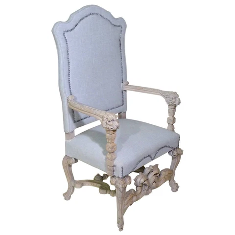 19th Century Highly Carved Baroque Throne Armchair White Washed in Linen Cover