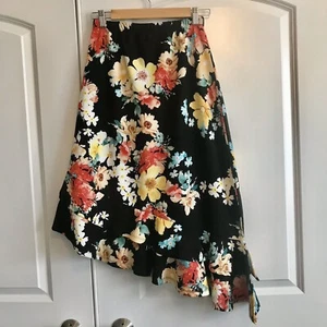 Bobeau Size Small Black Floral Asymmetrical Ruffle Hem Skirt - Picture 1 of 5