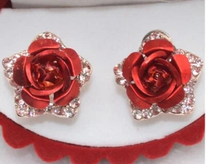 Gold tone red rose with crystal earrings - Picture 1 of 1