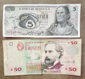 50 banconote cartamoneta Cincuena Uruguay e 5 Cinco Mexico - Foto 1 di 2