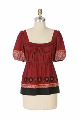 Top Puente de Pescador Lithe Talla 0 Borgoña Bordado Anthropologie Foto 1 de 4