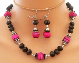 Schuckset Halskette Ohrring Würfel Perlen Glas Rondelle Strass Pink Schwarz 372h - Bild 1 von 11