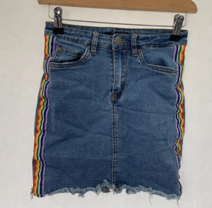 Forever 21 Blue Denim Mini Skirt Rainbow Stripe Small - Picture 1 of 10