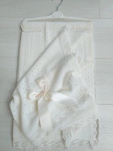 Romany Spanish Baby Blanket Cream with Lace and bow Baby Shawl Gift Christening - Picture 1 of 12
