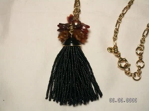 ..J.CREW...Gold Tone, Lucite Flowers, Black Glass Beads Pendant Necklace... - Picture 1 of 10