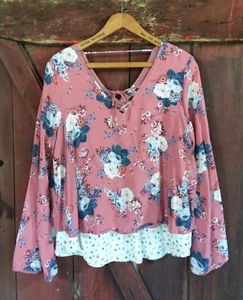 Love Fire Boho Pink Floral Long Sleeve Top Layered Look Shirt Womens Large Rayon - Picture 1 of 9