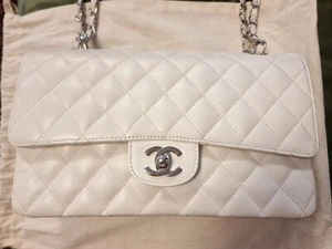 Vintage Chanel Classic Flap Medium White Caviar Leather Silver Hardware - Picture 1 of 24