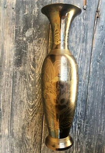 14" HOHE & DUNKLE METALLVASE AUS GEÄTZTEM MESSING, HERGESTELLT IN INDIEN - Bild 1 von 11