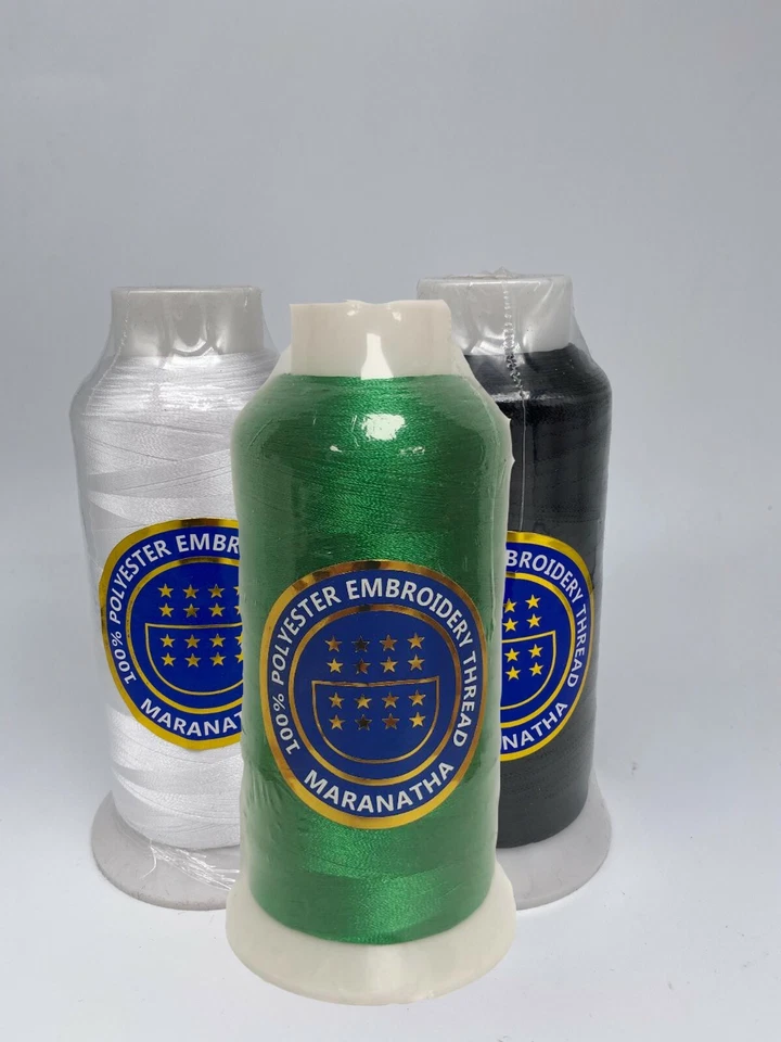 3 cones  l.green white black Embroidery machine polyester thread 5000 yds   - Image 1 of 1