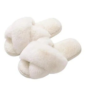 Women's Fuzzy Slippers Cross Band Memory Foam House Slippers Open Toe 7-8 White - Picture 1 of 7