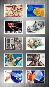 10 Soviet Russian Space Mini Posters Fridge Magnets SPUTNIK DOGS LAIKA GAGARIN - Picture 1 of 1