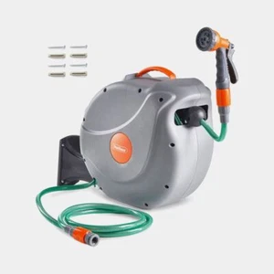 Garden 30m Hose Reel With Auto Rewind 8-Function Spray Gun Outdoor Watering Reel - Picture 1 of 10