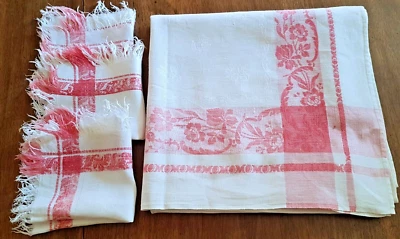 Nappe début XXe en damassé -131 cm x 131 cm -+ 3 serviettes - Photo 1/4