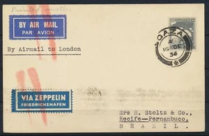 Arab PALESTINE Israel to BRAZIL 1934 ZEPPELIN Airmail Crossed Card GAZA-RECIFE ! - Picture 1 of 2