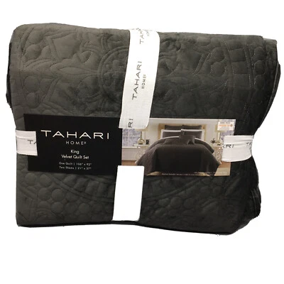 3pc Tahari Charcoal Gray Medallion Holland KING Velvet Quilt Sham Set Designer - Image 1 of 4