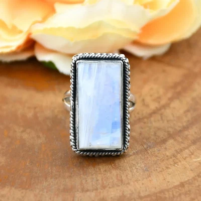 925 Sterling Silver Blue Fire Moonstone Ring Handmade Stack ring Gift for Her - Image 1 of 4