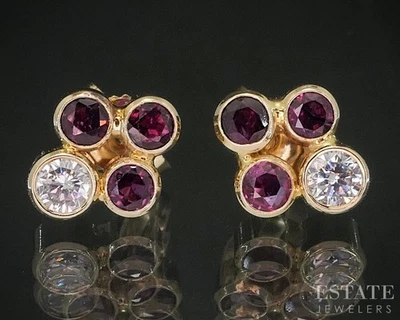 14k Yellow Gold Natural Ruby & Diamond Cluster Stud Earrings 1.9g p15387 - Image 1 of 4