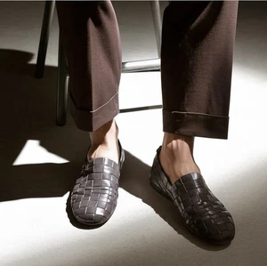 Moma Hombres Mocasines US 11 IT 44 Marrón Tejido Trenzado Cuero Zapatos Sin Cordones Italia - Imagen 1 de 11