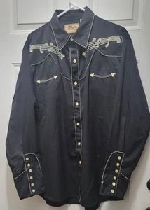 Scully Western Shirt Size Large Black/Gold Embroidered Musical Notes Button Up - Picture 1 of 7