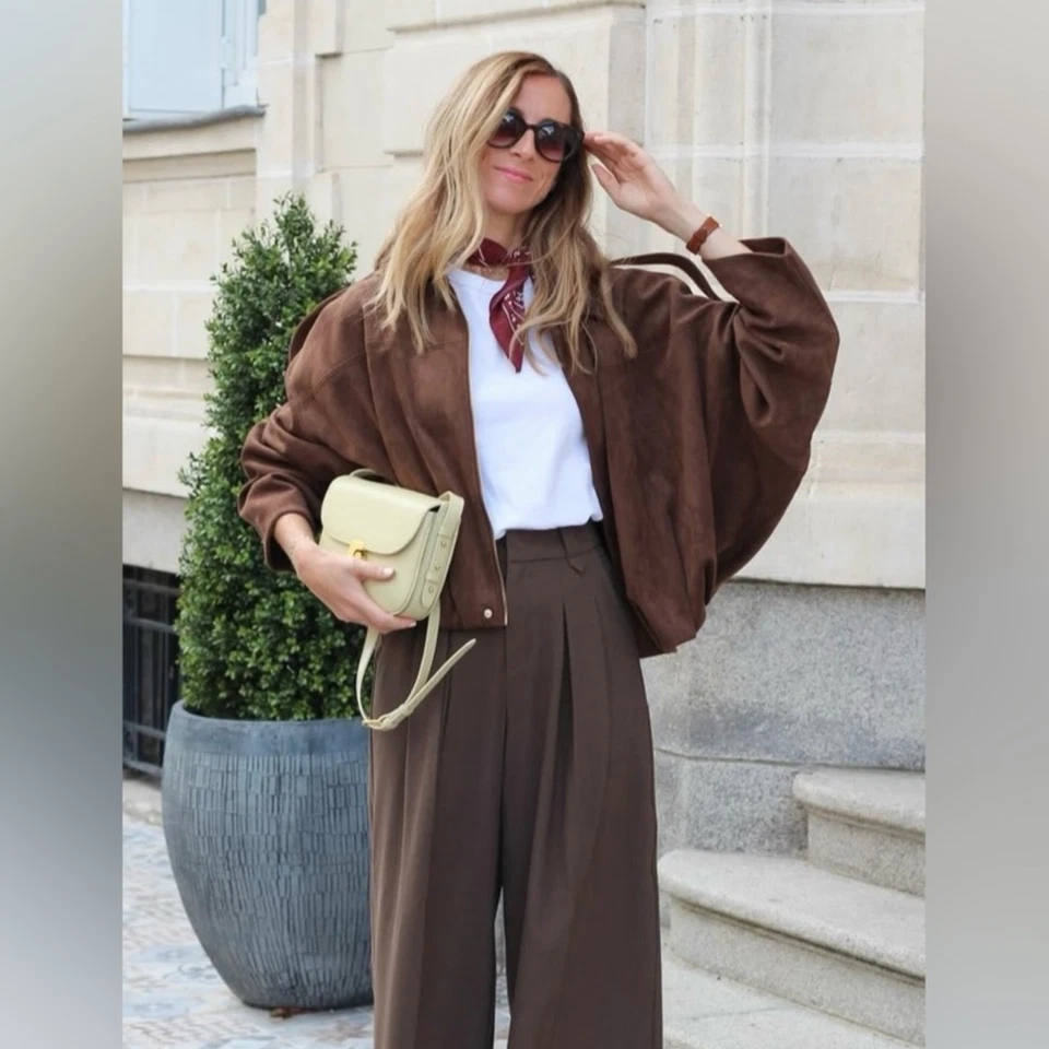 Chaqueta Bomber ZARA Marrón Imitación Gamuza Gran Tamaño Talla Pequeña Nueva Con Etiquetas Foto 1 de 4