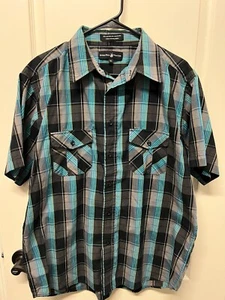 Beverly Hills Polo Club Shirt Mens Large Blue Black Plaid Collared Button Up EUC - Picture 1 of 5