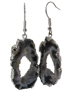 AGATE GEODE JEWELRY EARRINGS, Natural Stone Slice Dangle w/Druzy Crystals Silver - Picture 1 of 6