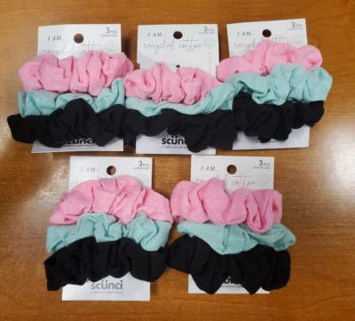 5 Packs of 3: Scunci Recycled Cotton Scrunchies Pink/Blue/Black (3064)-R9P2a - Image 1 of 3