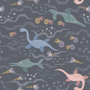Nursery Jurassic Sea Dinosaurs Charcoal 100% Cotton Fabric by The Yard - Picture 1 of 1