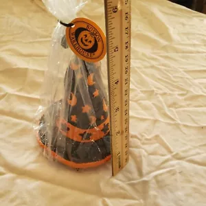 "Sombrero de bruja vintage de Halloween vela naranja negro estrellas luna brillo 5" - Imagen 1 de 12