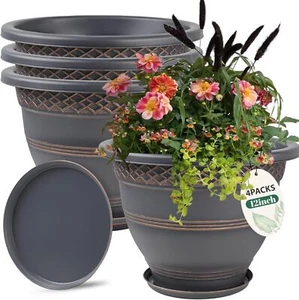 4 Pack 12 Inch Large Plant Pots, Plastic Flower Pot for Indoor & Outdoor - Picture 1 of 6