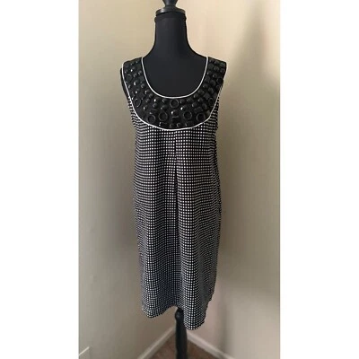 Vestido mod sem mangas mistura de linho preto branco bolinhas decote frisado casual - Imagem 1 de 4