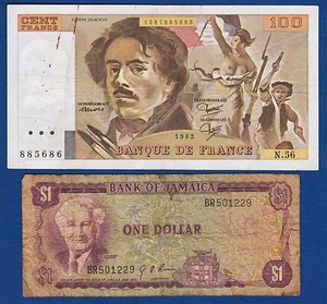Jamaica banknotes 1 Dollar 1960 + 100 Francs 1982 France banknote- 2 PCS ! - Picture 1 of 2
