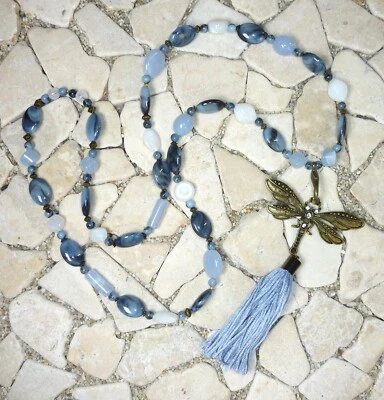 ★ lange Kette ★ HIPPIE BOHO IBIZA PEACE ★ LIBELLE ★ QUASTE ★ jeansblau & weiß ★ - Bild 1 von 4