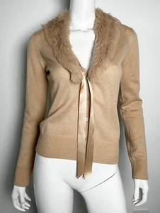 BCBG Fur Trim Cardigan Camel Silk Cashmere Rabbit Size Medium - Picture 1 of 3