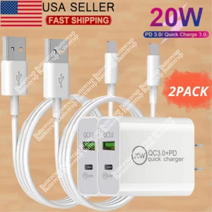 2PACK Fast Charger QC PD 20W Power Adapter Cube USB Cable For iPhone 13 12 11 XR - Picture 1 of 17