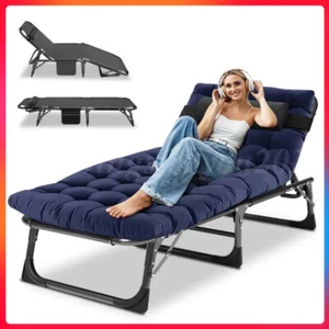 Folding Camping Travel Cot Pad Heavy Duty Guest Single Bed Patio Lounge Recliner - Picture 1 of 13