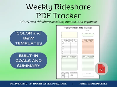 Daily/Weekly Rideshare Income and Expense Tracker - Digital PDF Download