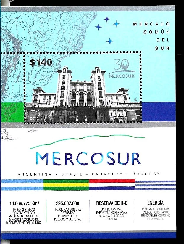 #75077 ARGENTINA 2021 MERCOSUR 30° ANIVERSARY ECONOMY MAP, FLAGS S/SHEET MNH - Image 1 of 1