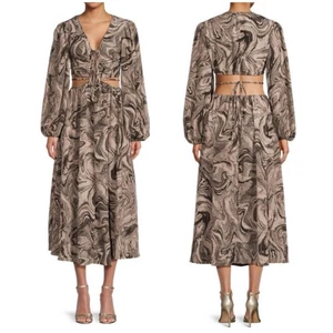 Moon River Marble Print Cutout Puff Sleeve Midi Dress Black Gray Size M - Picture 1 of 17