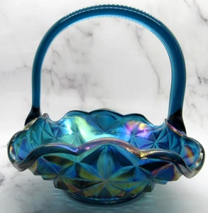 Indiana Glass Monticello Square Basket Iridescent BLUE Carnival Glass 7" VTG 70s - Picture 1 of 24