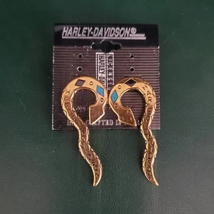 VTG Harley Davidson Genuine Turquoise Black Onyx Gold Tone Snake Earrings - Picture 1 of 7