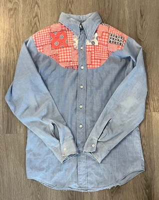 Camisa Vaquera Occidental Vintage Años 70 Floral Cambray Abotonada Denim Talla L Foto 1 de 4