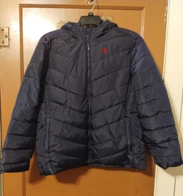 WOMENS NAVY BLUE US POLO ASSN PUFFER JACKET WITH FAUX FUR HOOD AND FUR LINING XL - Image 1 of 4